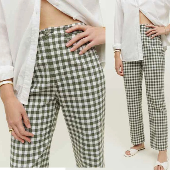 Reformation Women's Flankin Pants in Green Check size 8 NWT - Picture 1 of 8